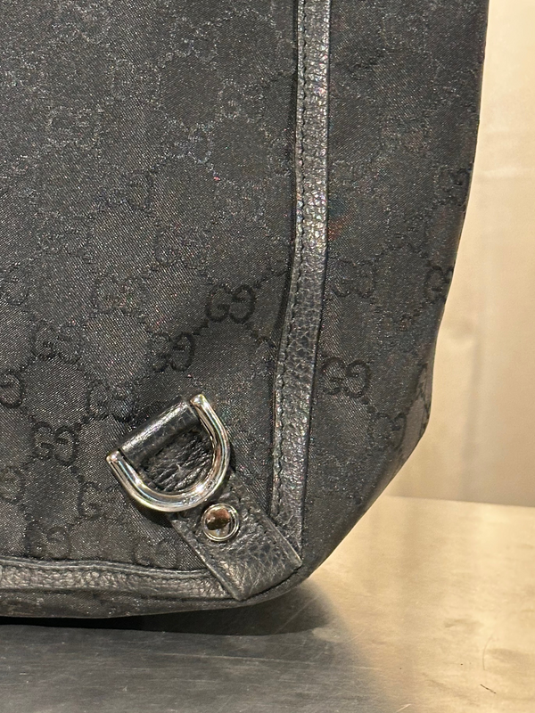 Gucci Vintage 2000s Abbey D Ring Tote Bag Black GG Monogram Canvas Leather Trim Silver Tone Hardware