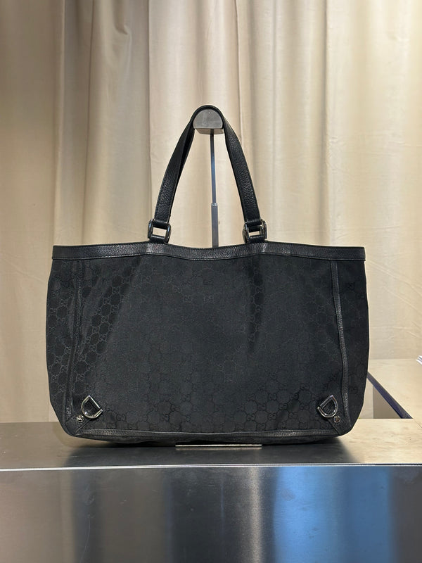 Gucci Vintage 2000s Abbey D Ring Tote Bag Black GG Monogram Canvas Leather Trim Silver Tone Hardware