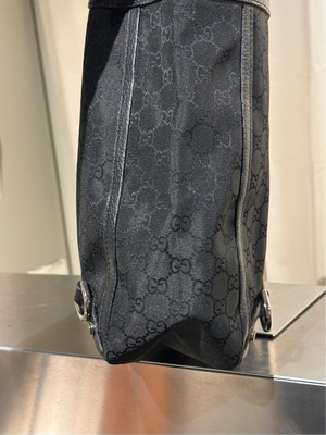 Gucci Vintage 2000s Abbey D Ring Tote Bag Black GG Monogram Canvas Leather Trim Silver Tone Hardware