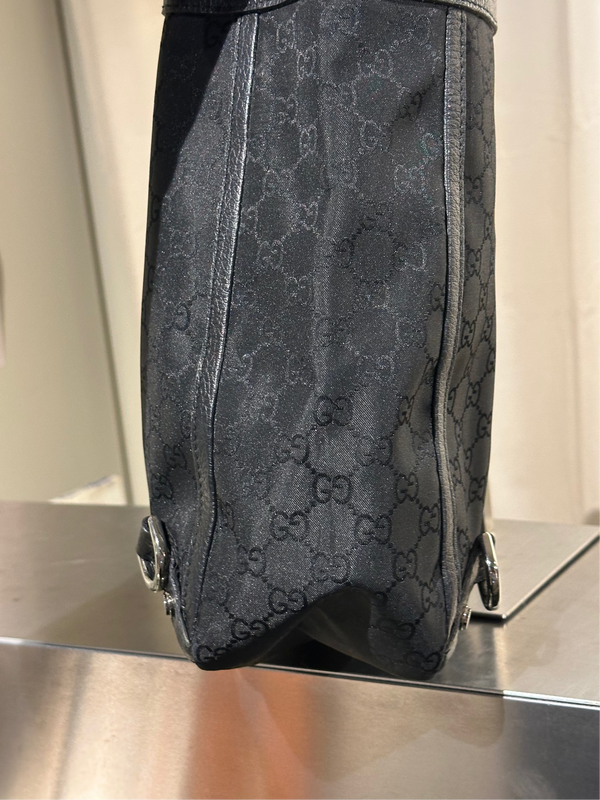 Gucci Vintage 2000s Abbey D Ring Tote Bag Black GG Monogram Canvas Leather Trim Silver Tone Hardware