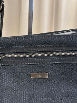 Gucci Vintage 1999 2002 GG Monogram Shoulder Bag Black Canvas Leather Trim Silver Tone Hardware