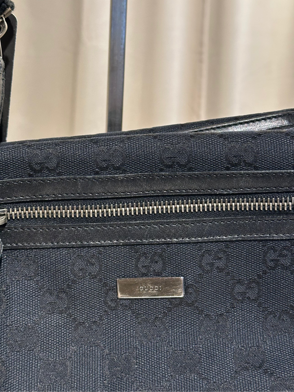 Gucci Vintage 1999 2002 GG Monogram Shoulder Bag Black Canvas Leather Trim Silver Tone Hardware