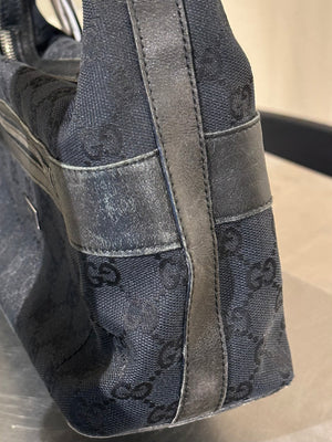 Gucci Vintage 1999 2002 GG Monogram Shoulder Bag Black Canvas Leather Trim Silver Tone Hardware
