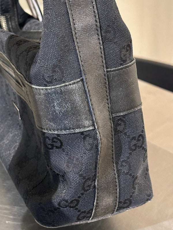 Gucci Vintage 1999 2002 GG Monogram Shoulder Bag Black Canvas Leather Trim Silver Tone Hardware