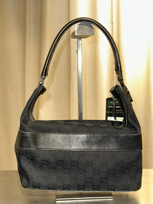 Gucci Vintage 1999 2002 GG Monogram Shoulder Bag Black Canvas Leather Trim Silver Tone Hardware