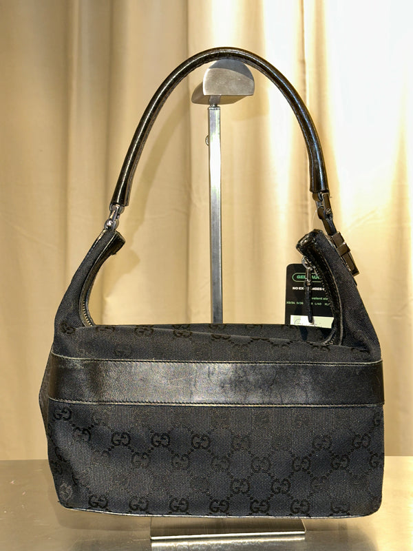Gucci Vintage 1999 2002 GG Monogram Shoulder Bag Black Canvas Leather Trim Silver Tone Hardware