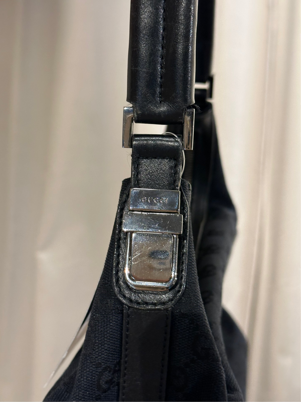 Gucci Vintage 1999 2002 GG Monogram Shoulder Bag Black Canvas Leather Trim Silver Tone Hardware