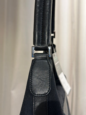 Gucci Vintage 1999 2002 GG Monogram Shoulder Bag Black Canvas Leather Trim Silver Tone Hardware
