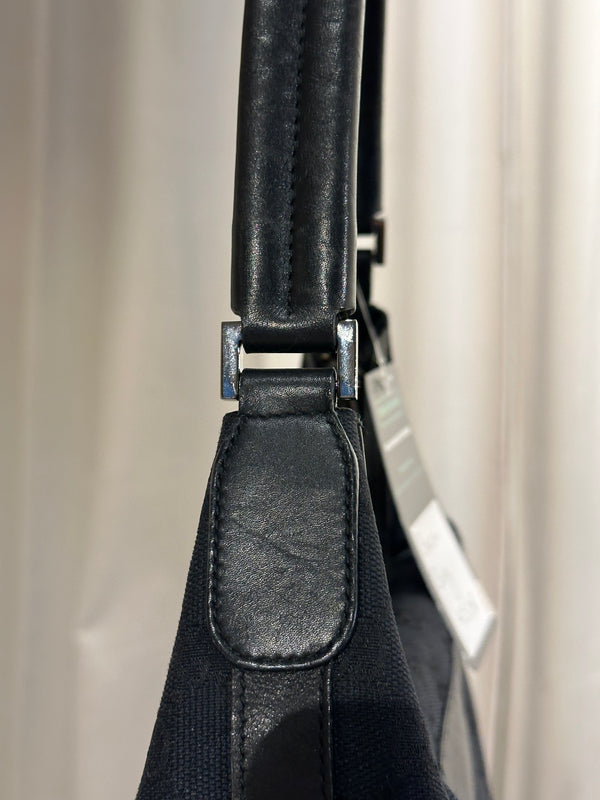 Gucci Vintage 1999 2002 GG Monogram Shoulder Bag Black Canvas Leather Trim Silver Tone Hardware