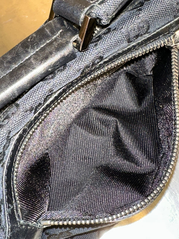 Gucci Vintage 1999 2002 GG Monogram Shoulder Bag Black Canvas Leather Trim Silver Tone Hardware