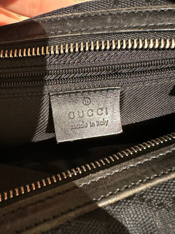 Gucci Vintage 1999 2002 GG Monogram Shoulder Bag Black Canvas Leather Trim Silver Tone Hardware