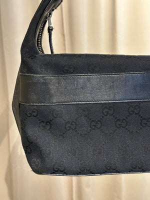 Gucci Vintage 1999 2002 GG Monogram Shoulder Bag Black Canvas Leather Trim Silver Tone Hardware