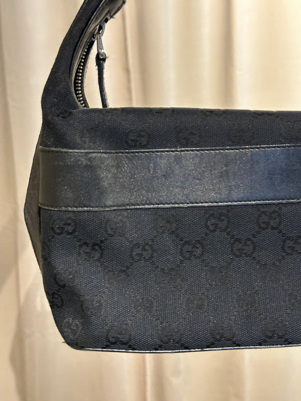 Gucci Vintage 1999 2002 GG Monogram Shoulder Bag Black Canvas Leather Trim Silver Tone Hardware