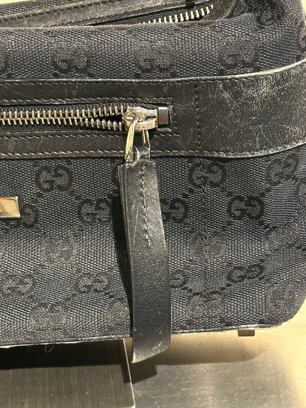 Gucci Vintage 1999 2002 GG Monogram Shoulder Bag Black Canvas Leather Trim Silver Tone Hardware