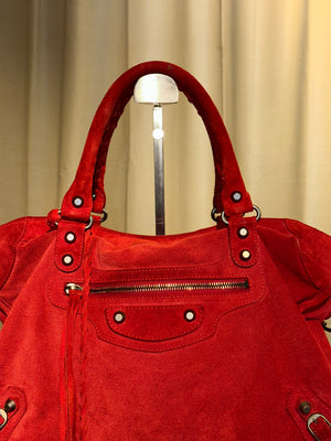 Balenciaga Vintage Suede Motocross Classic City Bag Red Suede Shoulder Bag Top Handle Silver Tone Hardware Archive