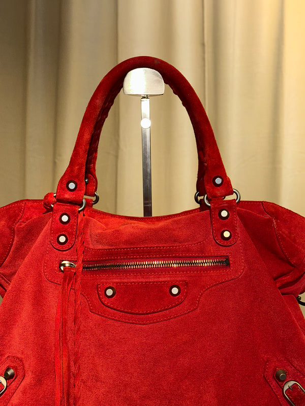 Balenciaga Vintage Suede Motocross Classic City Bag Red Suede Shoulder Bag Top Handle Silver Tone Hardware Archive