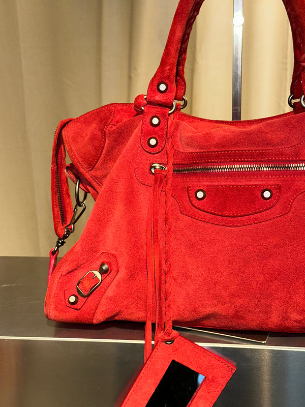 Balenciaga Vintage Suede Motocross Classic City Bag Red Suede Shoulder Bag Top Handle Silver Tone Hardware Archive