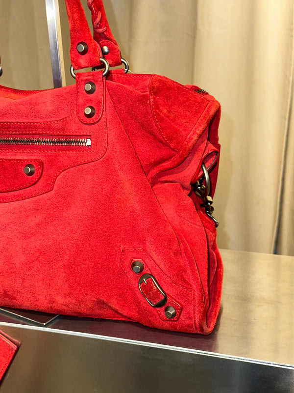 Balenciaga Vintage Suede Motocross Classic City Bag Red Suede Shoulder Bag Top Handle Silver Tone Hardware Archive