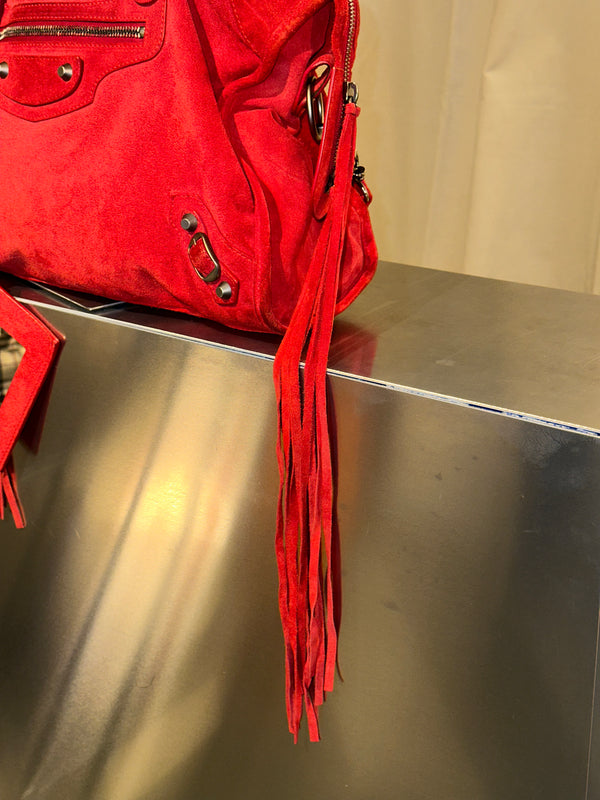 Balenciaga Vintage Suede Motocross Classic City Bag Red Suede Shoulder Bag Top Handle Silver Tone Hardware Archive