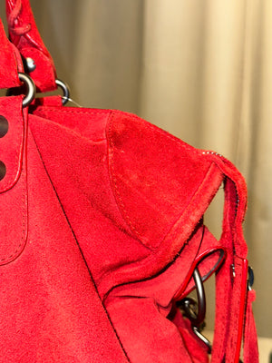 Balenciaga Vintage Suede Motocross Classic City Bag Red Suede Shoulder Bag Top Handle Silver Tone Hardware Archive
