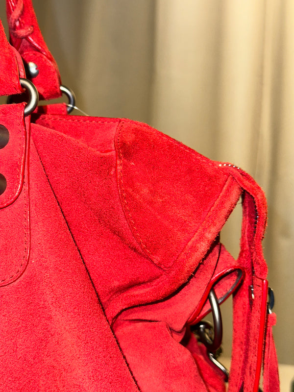 Balenciaga Vintage Suede Motocross Classic City Bag Red Suede Shoulder Bag Top Handle Silver Tone Hardware Archive