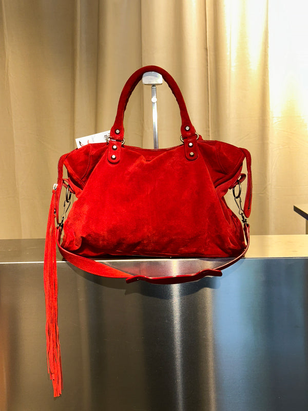Balenciaga Vintage Suede Motocross Classic City Bag Red Suede Shoulder Bag Top Handle Silver Tone Hardware Archive