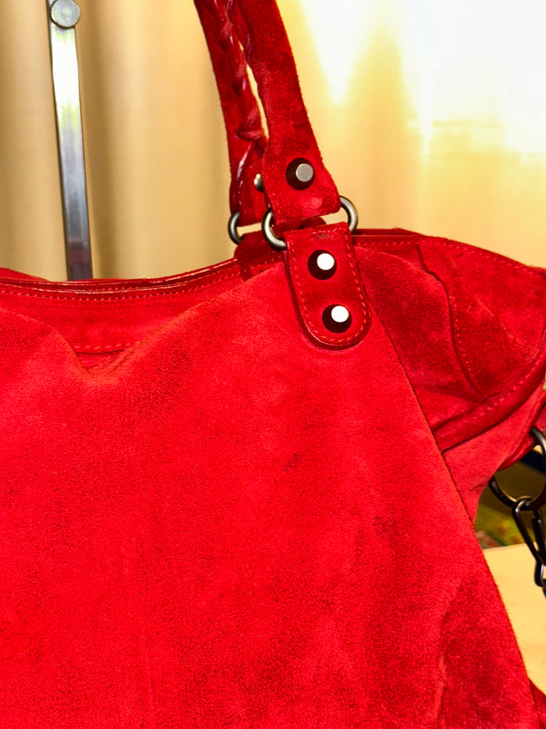 Balenciaga Vintage Suede Motocross Classic City Bag Red Suede Shoulder Bag Top Handle Silver Tone Hardware Archive
