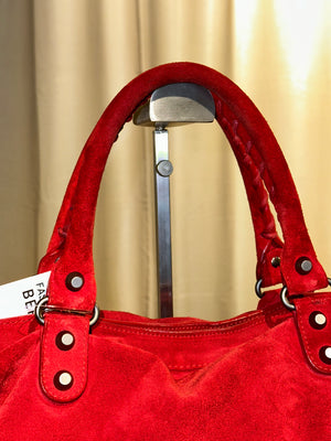 Balenciaga Vintage Suede Motocross Classic City Bag Red Suede Shoulder Bag Top Handle Silver Tone Hardware Archive