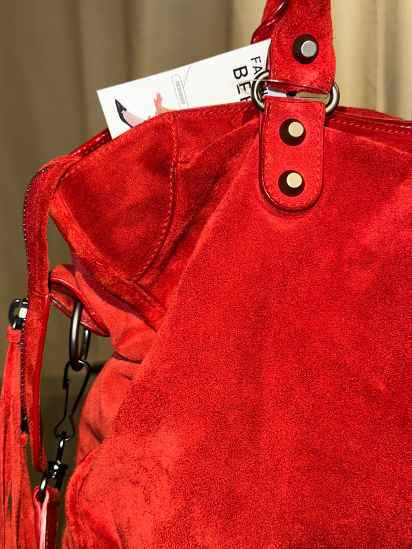 Balenciaga Vintage Suede Motocross Classic City Bag Red Suede Shoulder Bag Top Handle Silver Tone Hardware Archive