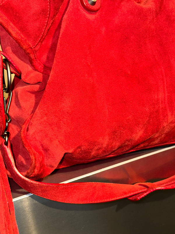 Balenciaga Vintage Suede Motocross Classic City Bag Red Suede Shoulder Bag Top Handle Silver Tone Hardware Archive