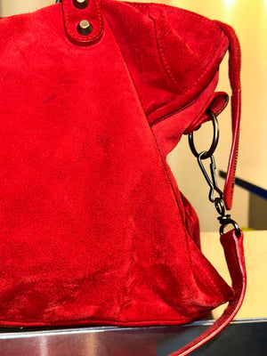 Balenciaga Vintage Suede Motocross Classic City Bag Red Suede Shoulder Bag Top Handle Silver Tone Hardware Archive