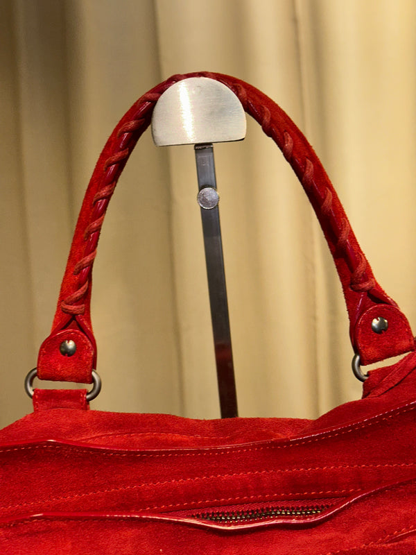 Balenciaga Vintage Suede Motocross Classic City Bag Red Suede Shoulder Bag Top Handle Silver Tone Hardware Archive