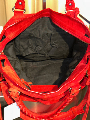 Balenciaga Vintage Suede Motocross Classic City Bag Red Suede Shoulder Bag Top Handle Silver Tone Hardware Archive