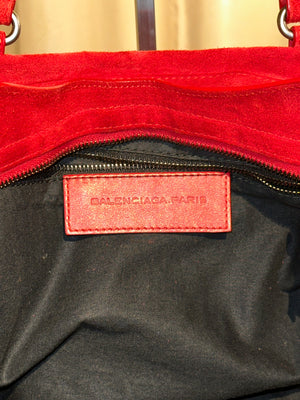 Balenciaga Vintage Suede Motocross Classic City Bag Red Suede Shoulder Bag Top Handle Silver Tone Hardware Archive