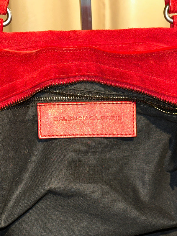 Balenciaga Vintage Suede Motocross Classic City Bag Red Suede Shoulder Bag Top Handle Silver Tone Hardware Archive