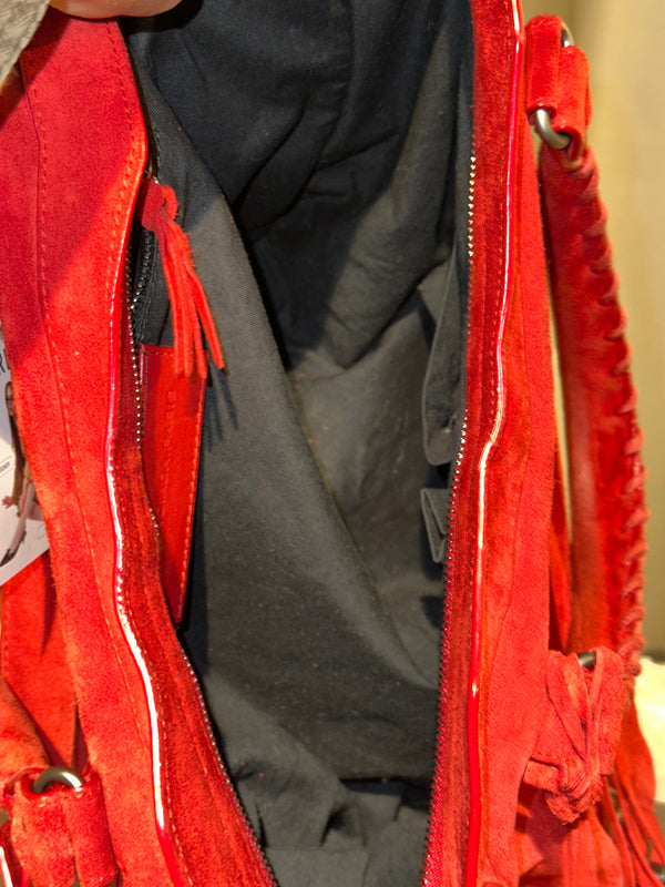 Balenciaga Vintage Suede Motocross Classic City Bag Red Suede Shoulder Bag Top Handle Silver Tone Hardware Archive