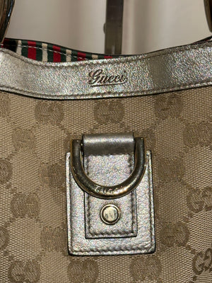 Gucci Vintage GG Canvas D Ring Tote Bag Beige Metallic Silver Leather Shoulder Bag Silver Tone Hardware