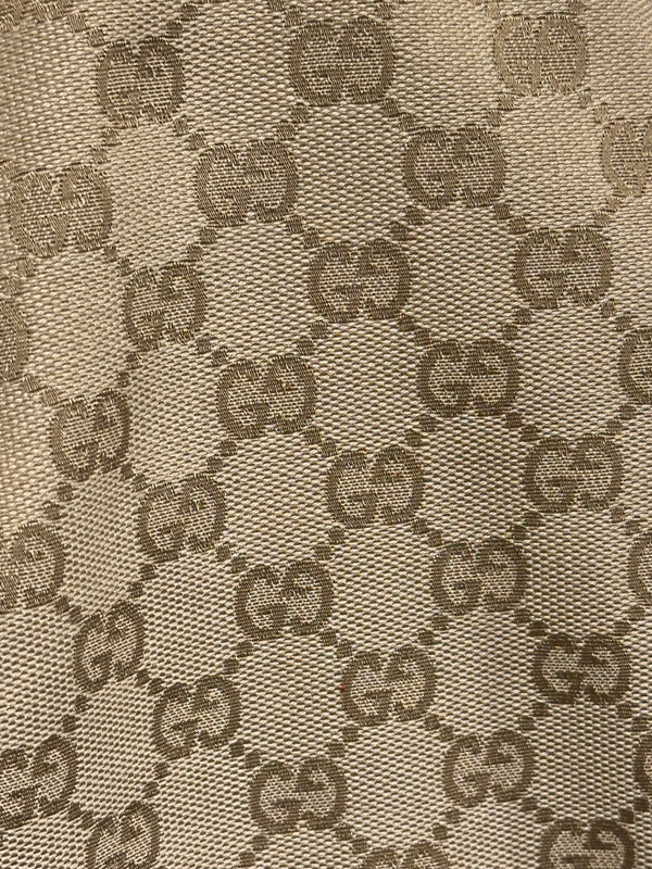 Gucci Vintage GG Canvas D Ring Tote Bag Beige Metallic Silver Leather Shoulder Bag Silver Tone Hardware