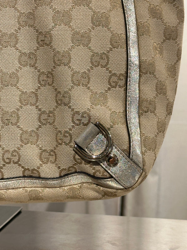 Gucci Vintage GG Canvas D Ring Tote Bag Beige Metallic Silver Leather Shoulder Bag Silver Tone Hardware