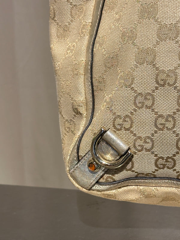 Gucci Vintage GG Canvas D Ring Tote Bag Beige Metallic Silver Leather Shoulder Bag Silver Tone Hardware