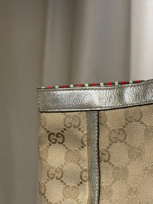Gucci Vintage GG Canvas D Ring Tote Bag Beige Metallic Silver Leather Shoulder Bag Silver Tone Hardware