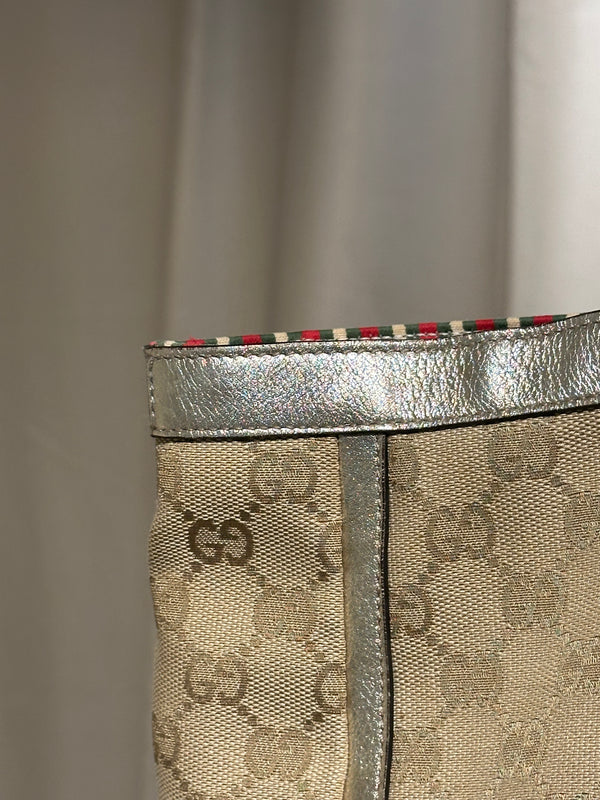 Gucci Vintage GG Canvas D Ring Tote Bag Beige Metallic Silver Leather Shoulder Bag Silver Tone Hardware
