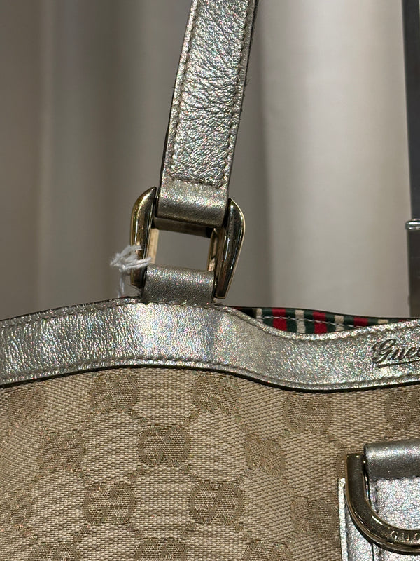 Gucci Vintage GG Canvas D Ring Tote Bag Beige Metallic Silver Leather Shoulder Bag Silver Tone Hardware