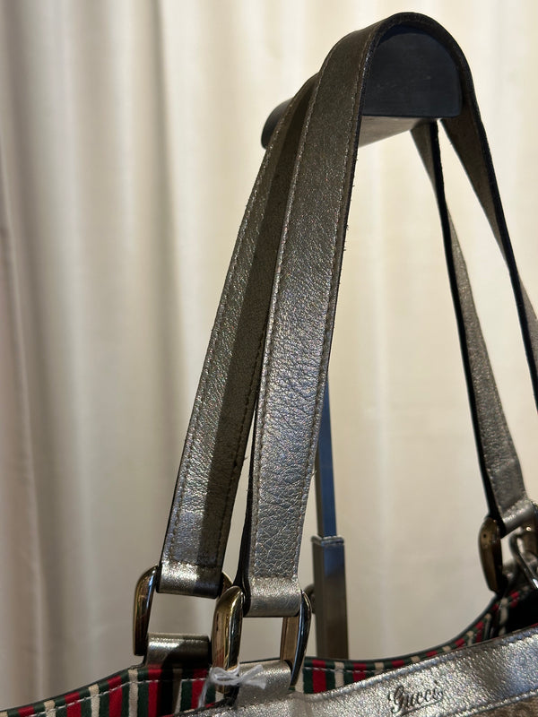 Gucci Vintage GG Canvas D Ring Tote Bag Beige Metallic Silver Leather Shoulder Bag Silver Tone Hardware