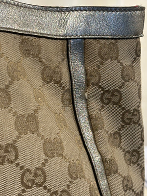 Gucci Vintage GG Canvas D Ring Tote Bag Beige Metallic Silver Leather Shoulder Bag Silver Tone Hardware