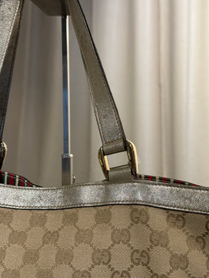 Gucci Vintage GG Canvas D Ring Tote Bag Beige Metallic Silver Leather Shoulder Bag Silver Tone Hardware
