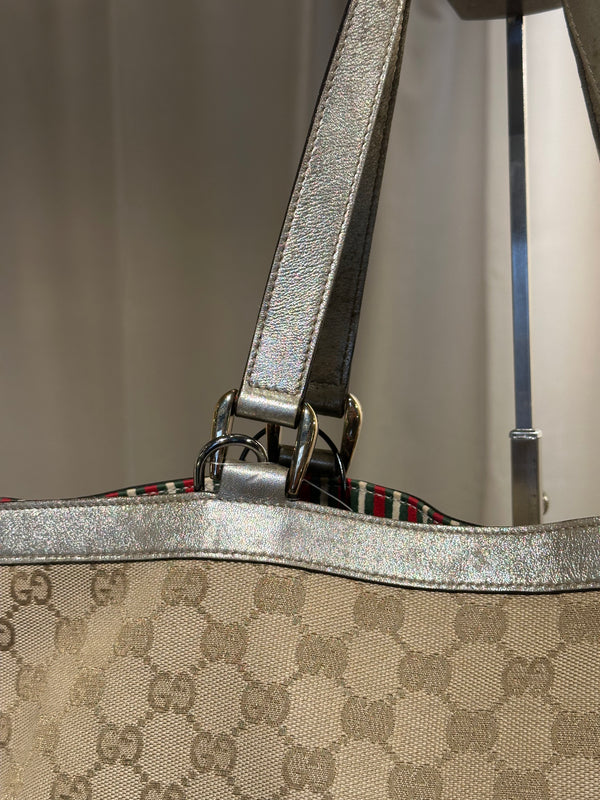 Gucci Vintage GG Canvas D Ring Tote Bag Beige Metallic Silver Leather Shoulder Bag Silver Tone Hardware