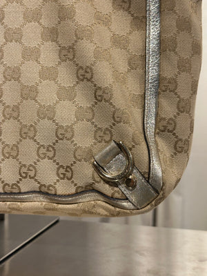 Gucci Vintage GG Canvas D Ring Tote Bag Beige Metallic Silver Leather Shoulder Bag Silver Tone Hardware