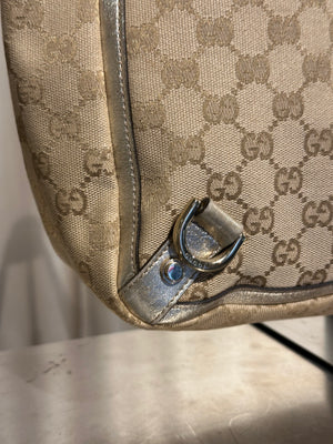 Gucci Vintage GG Canvas D Ring Tote Bag Beige Metallic Silver Leather Shoulder Bag Silver Tone Hardware