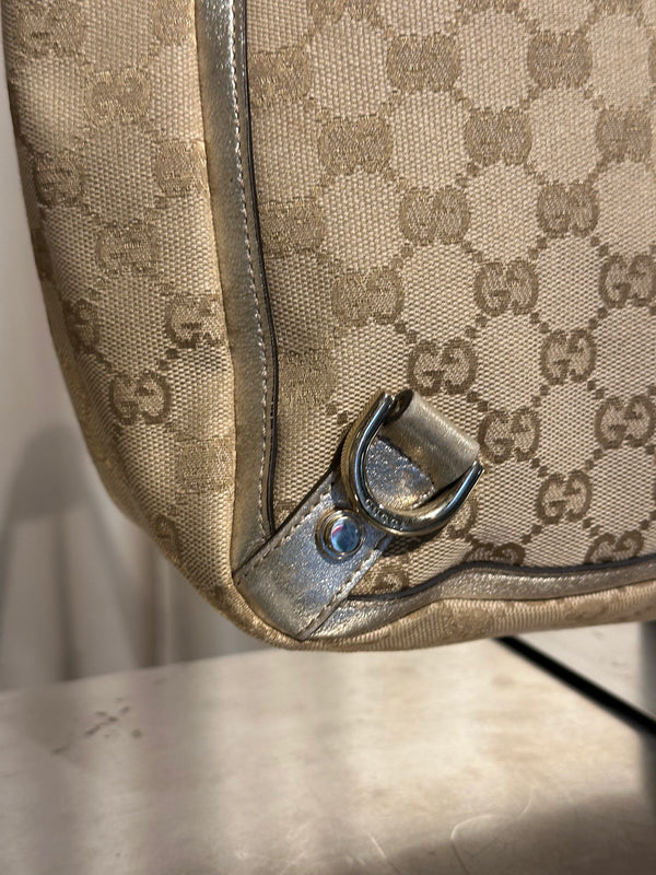 Gucci Vintage GG Canvas D Ring Tote Bag Beige Metallic Silver Leather Shoulder Bag Silver Tone Hardware